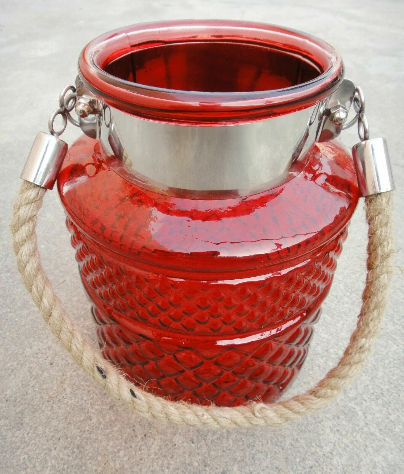 Red Glass Jar In Square Embossed Design With Hanging Jute Rope