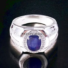 Blue Sapphire Oval Cut Gemstone With 925 Sterling Silver Ring For Men's #A230