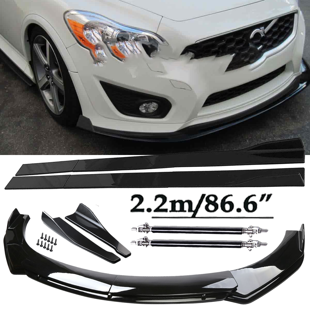 Glossy Black Front Bumper Lip Spoiler & Side Skirts Rear Lip for Volvo C30 C40 C70