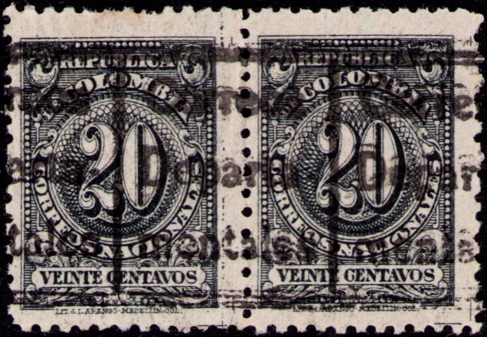 COLOMBIA - DEPARTMENTS - 20c PAIR - DOUBLE HANDSTAMP ERROR - Sc L6v - 1909 RRR