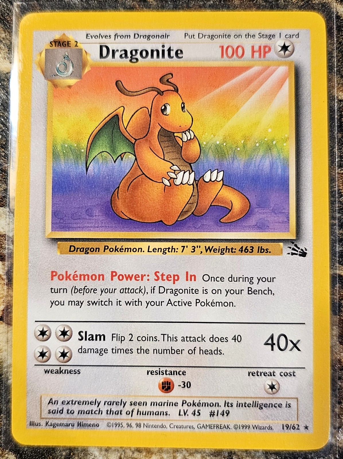 1999 Pokemon Fossil Rare Dragonite 19 NM or Better