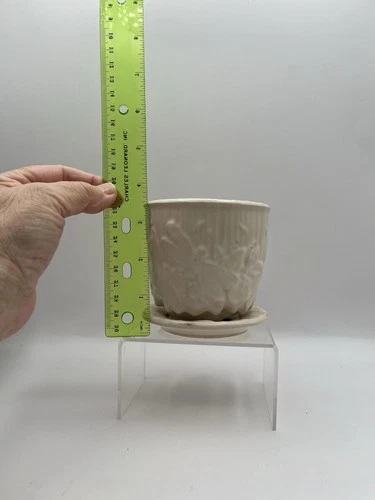 McCoy Pottery Planter W Saucer Vintage Flower Pot Cream Dragonflies