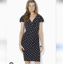 Lauren Ralph Lauren Navy Polka Dot Ruched Sheath Dress Short Sleeve, Size 4