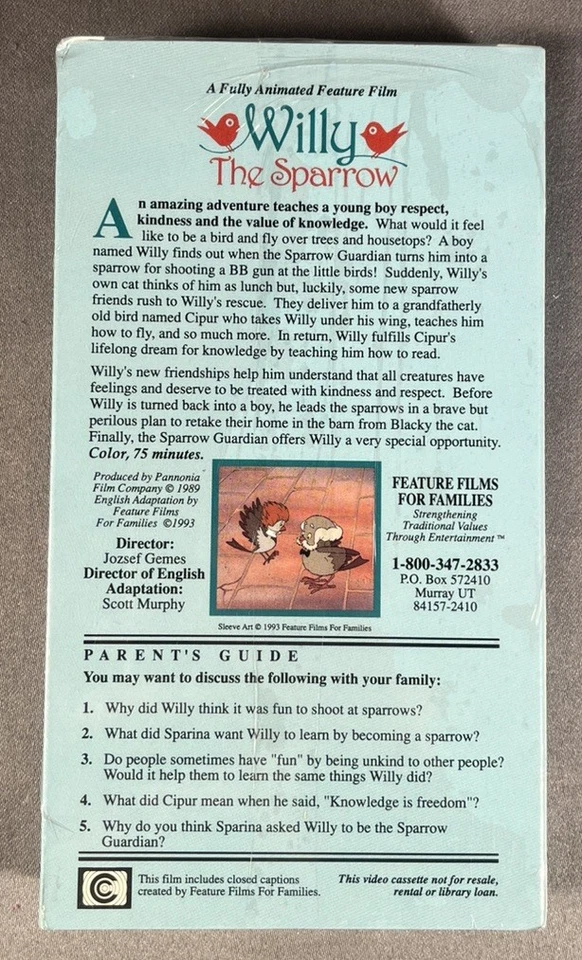 Willy the Sparrow (Slipsleeve VHS 1989, 1993) Brand New - SEALED - Free Shipping - Image 2 of 4