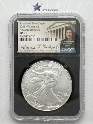 2025-W Burnished Silver Eagle $1 NGC MS70 Advance Releases Anna Cabral - Image 1 of 2