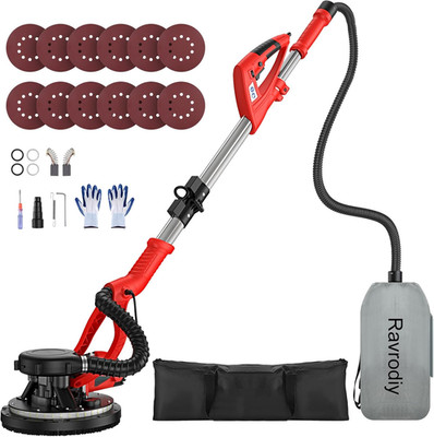 Red 950W Drywall Sander, 7 Speeds, 360° Light, Vacuum Dust Collector for Ceiling