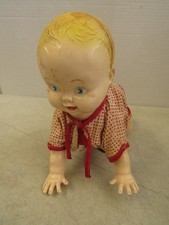 Vintage Crawling Doll Baby Tin Celluloid Wind-Up Mechanical 1950s 10" Tested