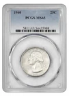 :1940-P WASHINGTON S25C CLEAR-BRIGHT GEM BU PCGS MS-65 LOW POP HIGHEST GRADES