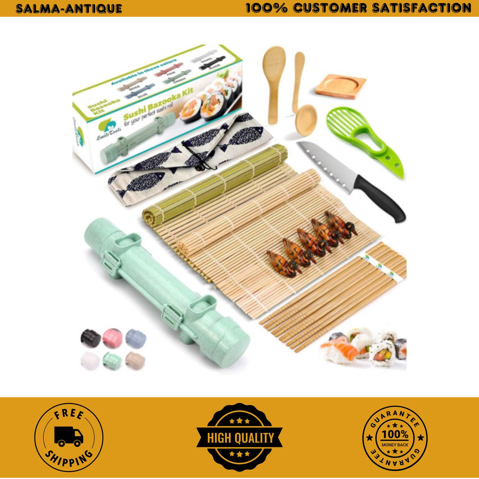 22-Piece Sushi Making Kit with Roller Bazooker and Bamboo Mat