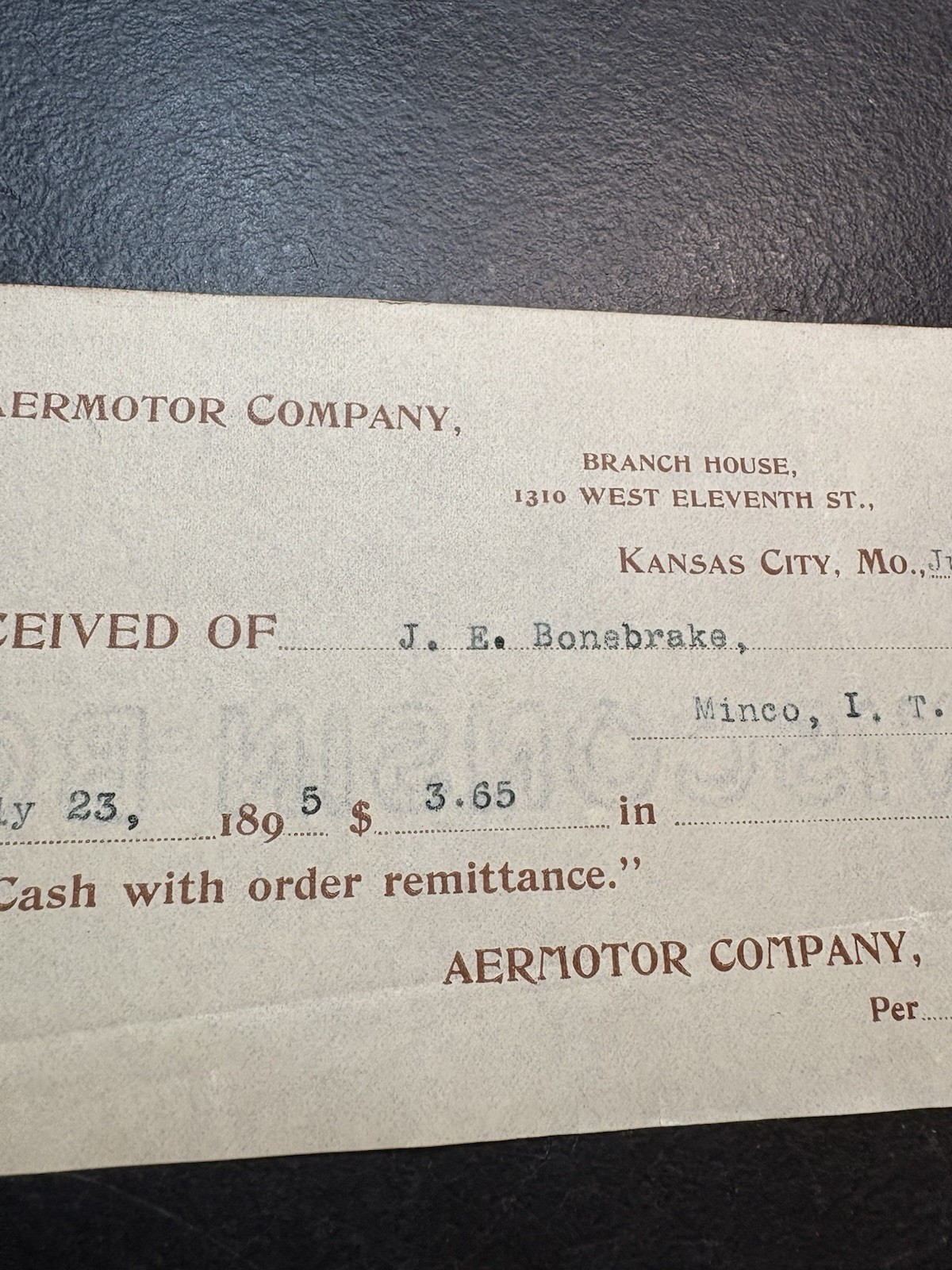 ORIGINAL 1895 THE AERMOTOR CO. Windmill Receipt - Kansas City, Missouri