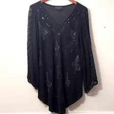 Greater Good Womens Butterfly Tunic top L XL Black Beaded Boho Whimsygoth