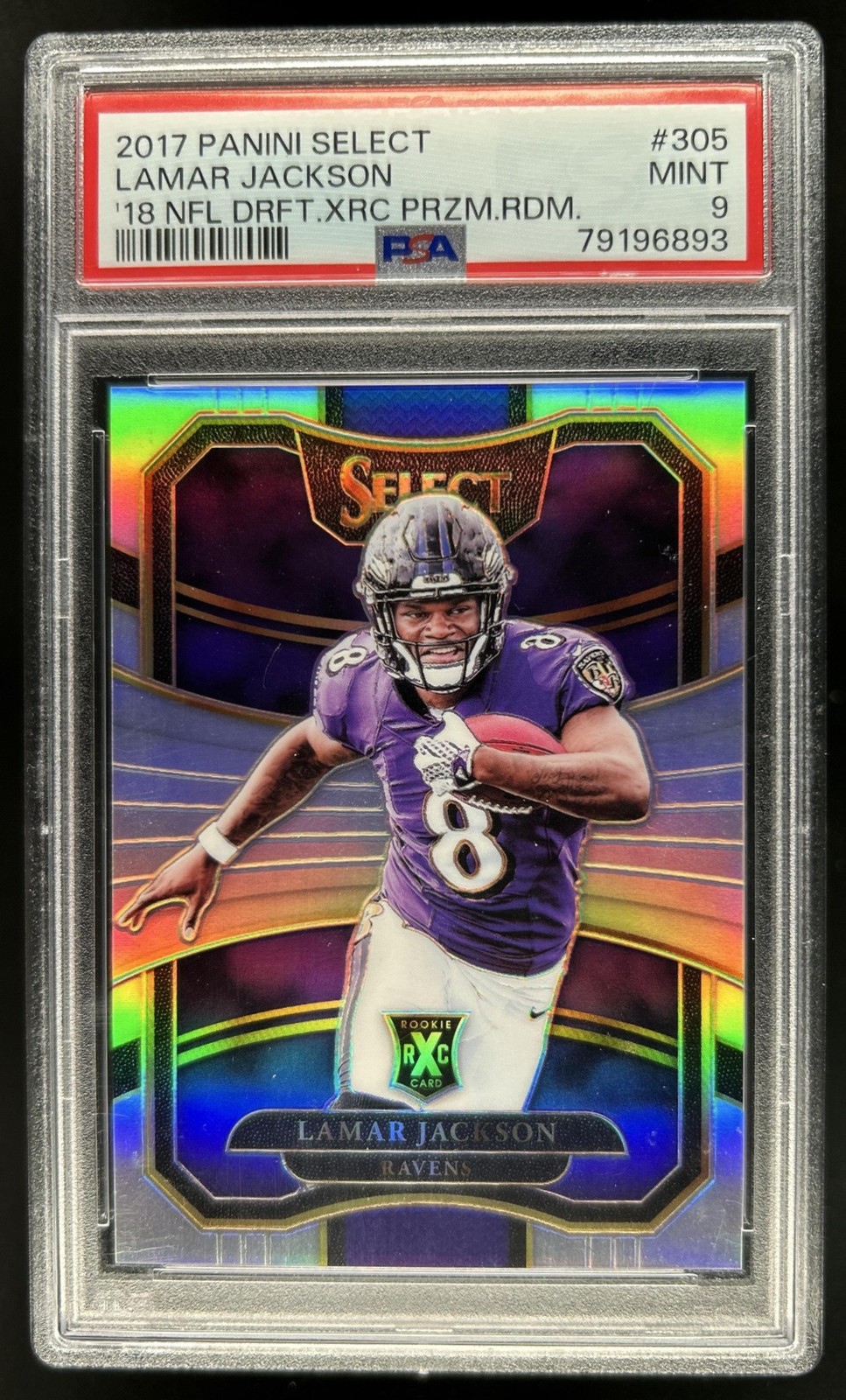 2017 Panini Select Lamar Jackson 2018 XRC Silver Prizm Rookie #305 Ravens PSA 9 view 1