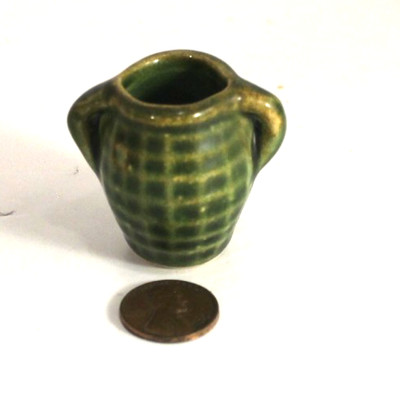 Vintage Pottery Miniature Vase w/ Handles 1 1/2'' Glazed Inside Green Checkered