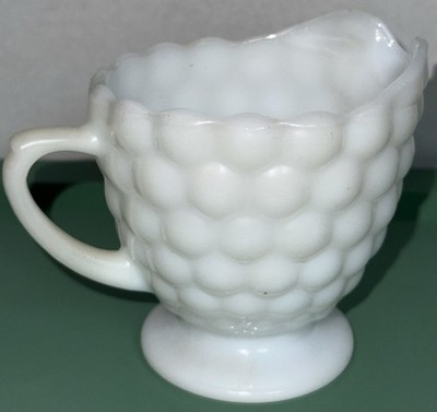 Vintage Anchor Hocking White Milk Glass Creamer Bubble Pattern with Handle