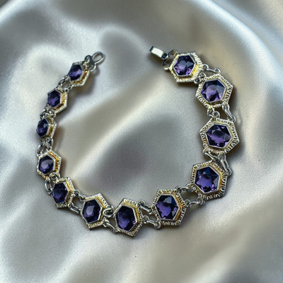 ANTIKES Amethyst Armband - 10K Weißgold 7'' Art Deco sechseckig ca.1920er Jahre -7,5g