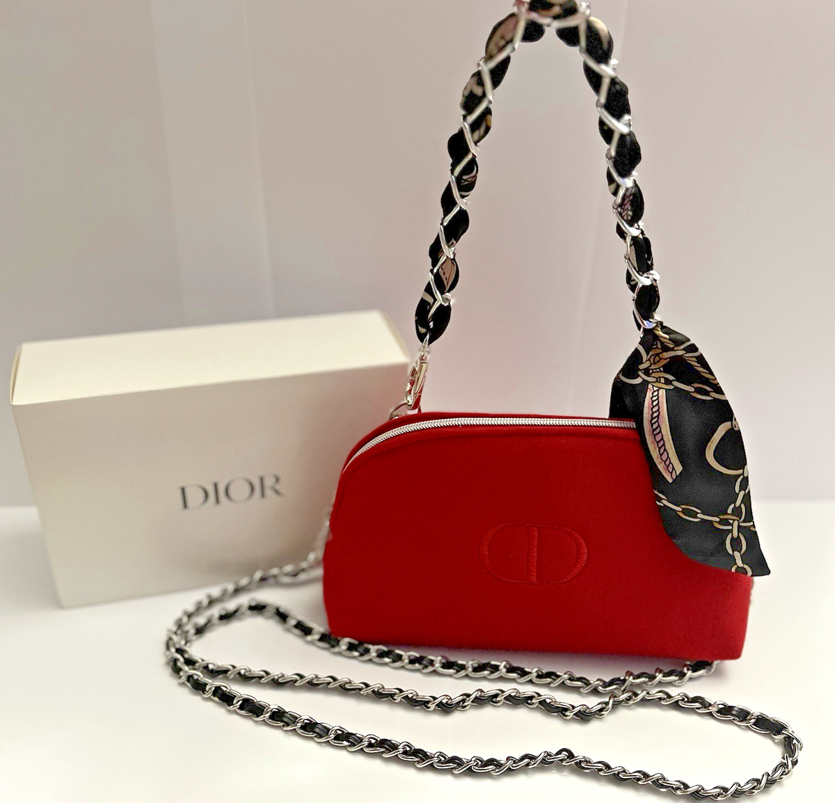 DIOR Red Handbag Scarf chain Crossbody Evening Bag Clutch cosmetic