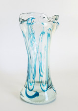 VINTAGE MURANO HAND BLOWN CLEAR ART GLASS WITH BLUE SCROLLS VASE