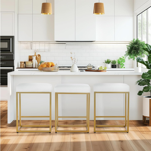 White & Gold Counter Height 24" Bar Stools Set of 2 for Kitchen Counter Modern B - Picture 8 of 10