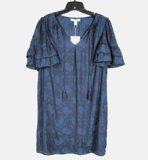 NWT CHELSEA & VIOLET Navy Blue Floral Satin TASSELS Ruffles SHIFT DRESS Sz S