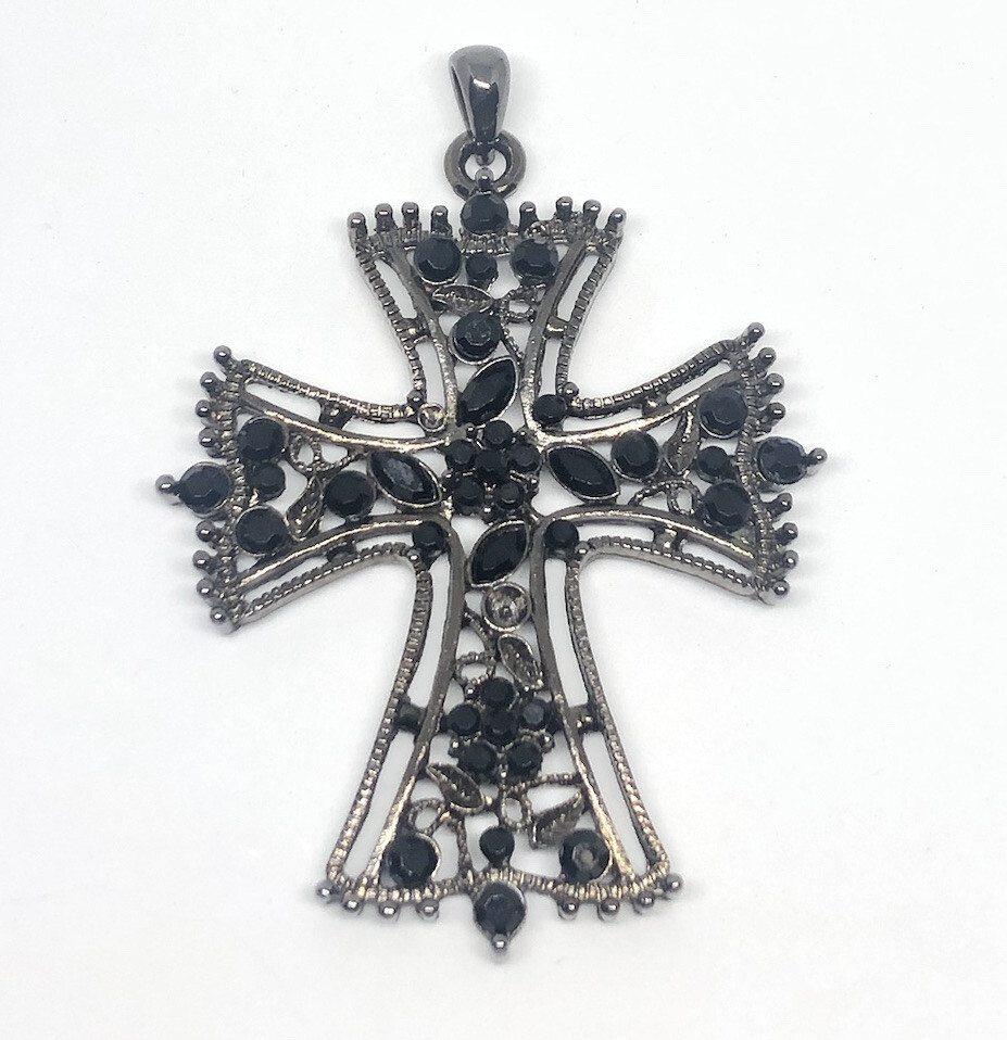 Cross 3” Pendant Silver Tone Black Onyx Victorian Style Fashion Jewelry