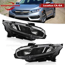 Pair For 2016-2021 Honda Civic Halogen Headlights Headlamp W/LED DRL Black LH&RH