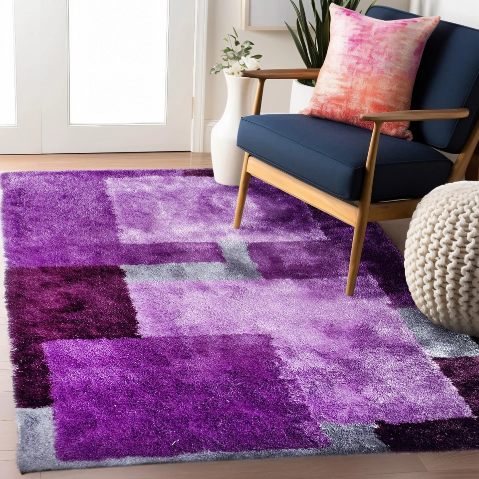 RugBerry 8x10 Area Rug 3D Abstract Soft Shag Carpet Floor Decor Purple Grey - Image 2 of 4