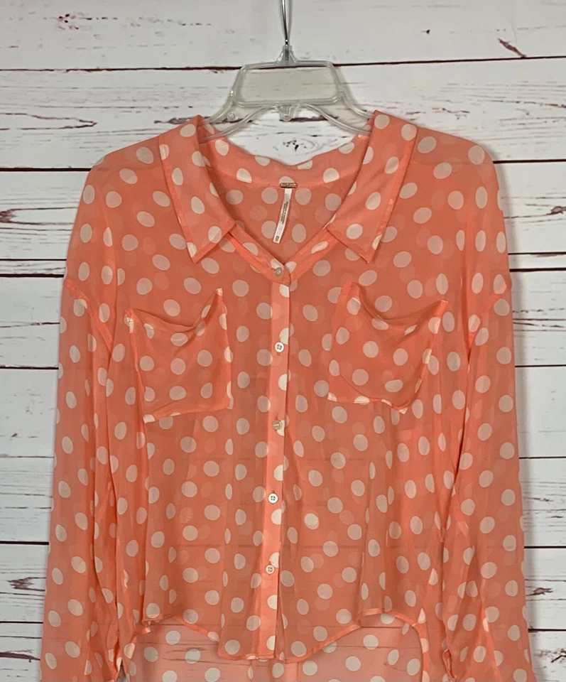 Blusa Top Free People Para Mujer XS Extra Pequeña Blanco Melocotón Lunares Manga Larga Foto 3 de 4