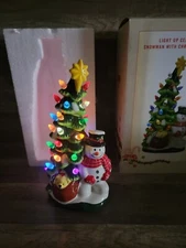 Light Up Ceramic Snowman & Christmas Tree With Timer By Cracker Barrel- NEW/ NOS