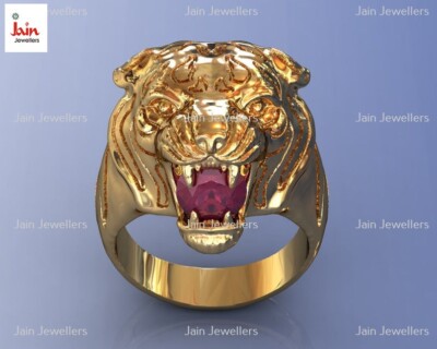 1 - 2 Ct Real Natural Ruby Royal Tiger Mouth Men's Ring 18Kt Yellow Real Gold