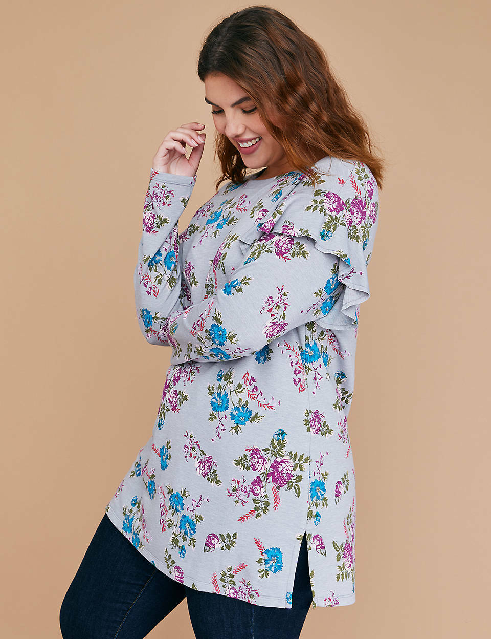 Floral Ruffle-Sleeve Sweatshirt ruffle detail at the shoulders. Extra long tunic
