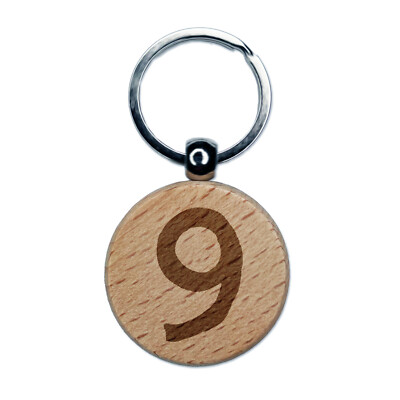 Number 9 Nine Cute Typewriter Font Engraved Wood Round Keychain Tag Charm