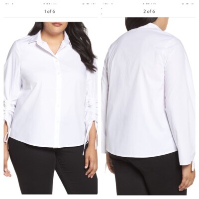 Lost Ink Women's Tops Ruched Sleeve Button-Up Ladies Polo Tops Shirt White Sz XL