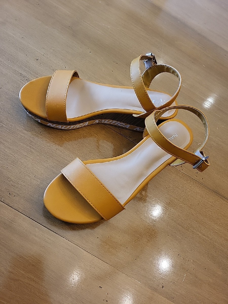 Nautica Sandal Women's Size Mustard Faux Wood Wedge Sandal