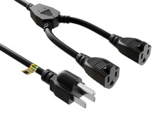 Power Extension Cord Splitter Cable NEMA 5-15P to NEMA 5-15R x 2 - 1/2/3/6 ft