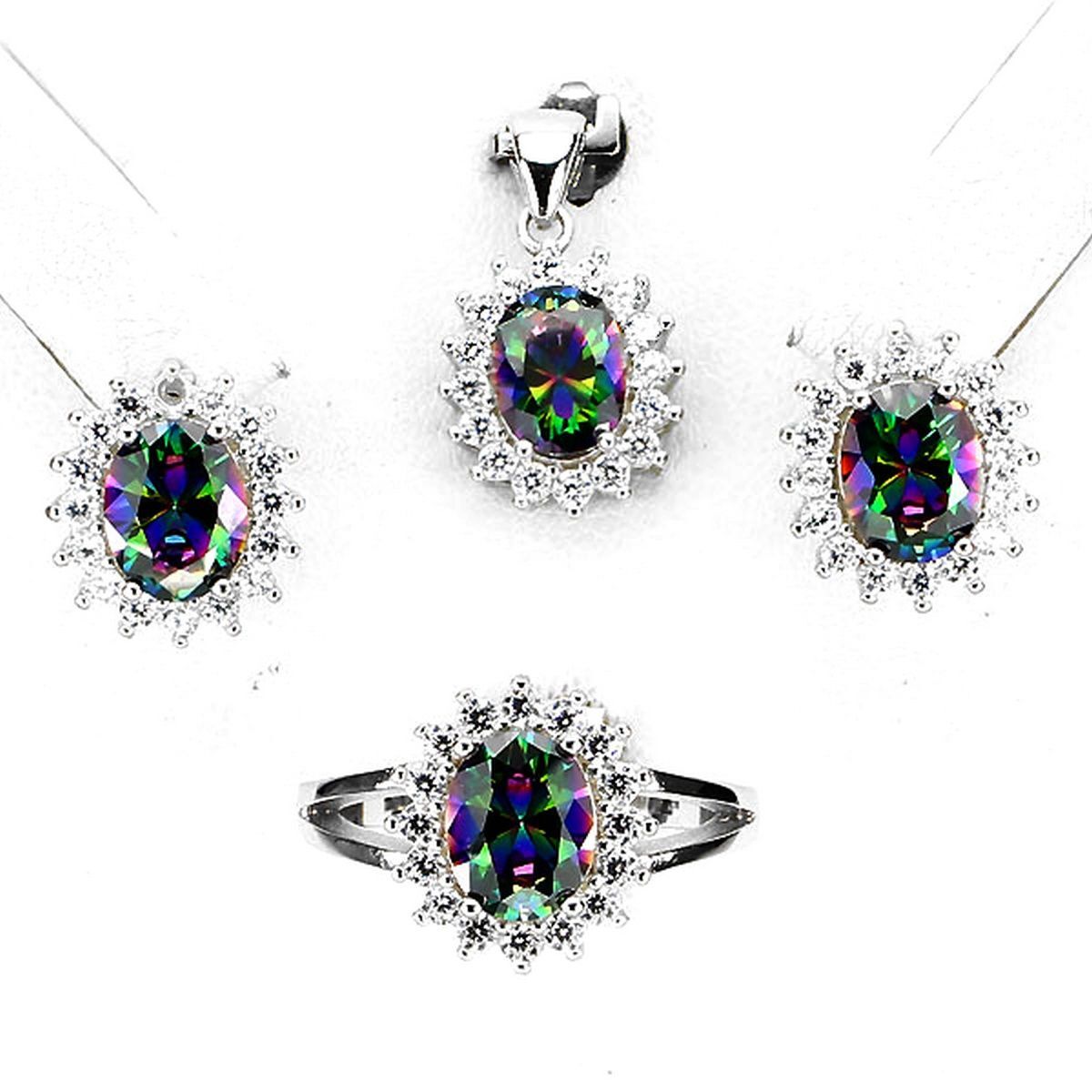 Parure quartz multicolore en argent 925 avec collier bague et boucles d'oreilles