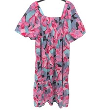THML Floral Puff Sleeve Midi Dress Women Medium Pink Smocked Tiered Garden Party
