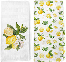 Summer Lemon Floral Kitchen Towels Dishcloth Set of 2, Lemon Gifts for Women Dec