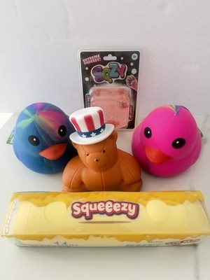 Squishy Toy Lot Squeezy Butter, Light Up Sqzy, 2 Ducks & Uncle Sam Bea