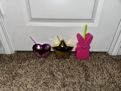 3 cups tumblers with straws peeps bunny shape, gold star and pink heart 