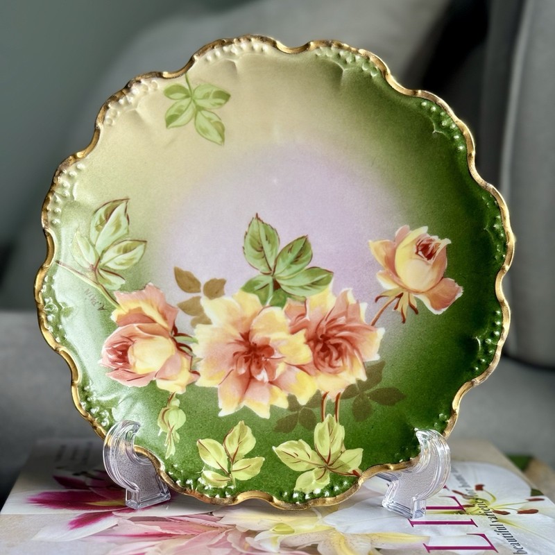 Antique Limoges Porcelain Hand Painted Signed A Pain Roses 9" Gold Green Decor