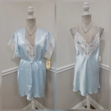 VTG 90s Val Mode Satin Babydoll Slip & Robe Set Blue Lace Trim NWT 