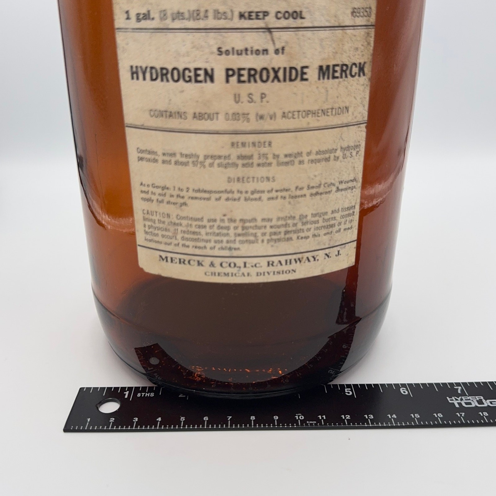 Vintage Merck Hydrogen Peroxide Amber Glass Jug 1 Gallon Brown Apothecary Bottle