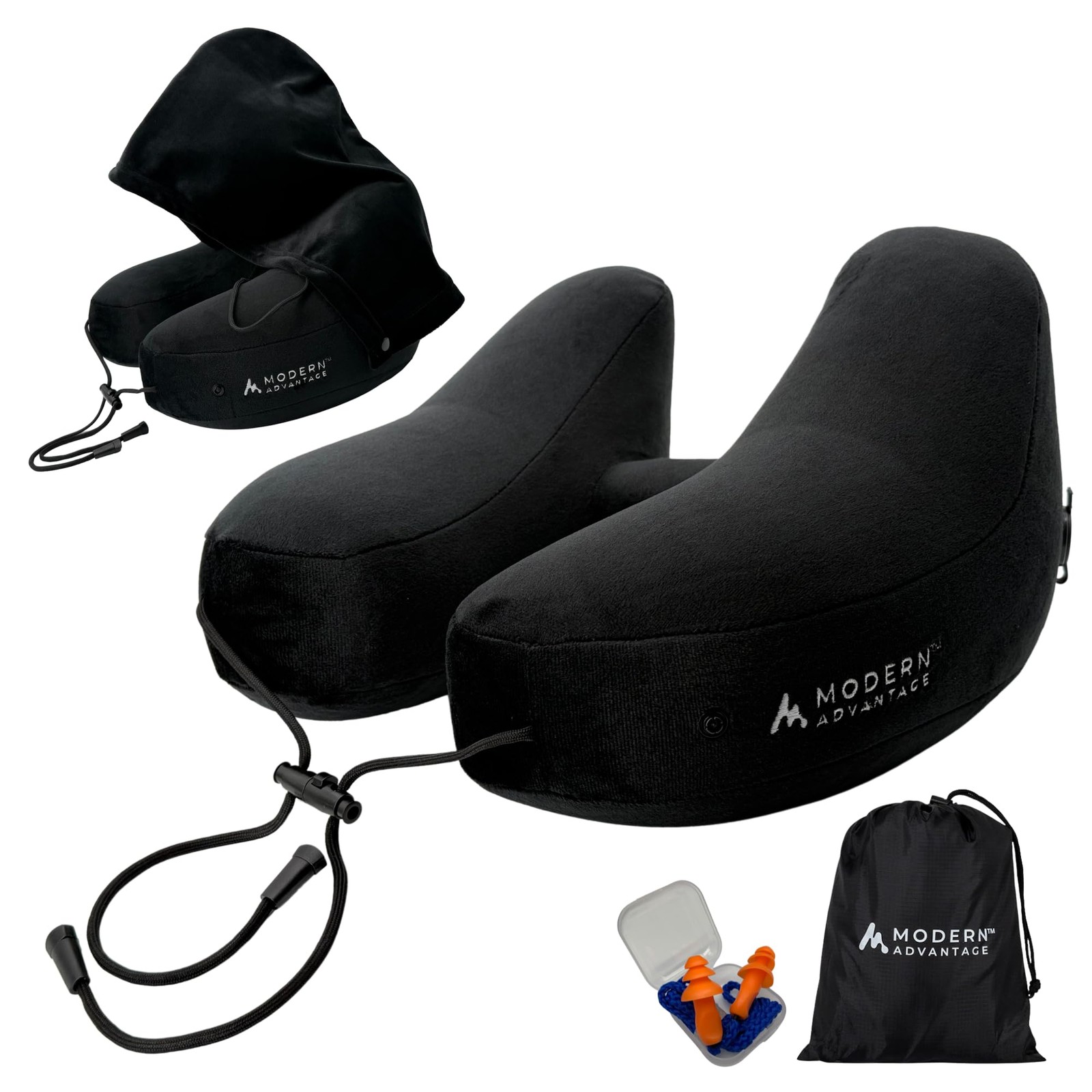 Inflatable Hooded Travel Neck Pillow for Airplanes with Adjustable Support