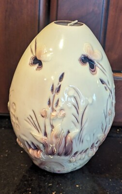 Melanie H Demmon Egg Shaped Candle Hand Carved Sculpted Butterfly Floral Design