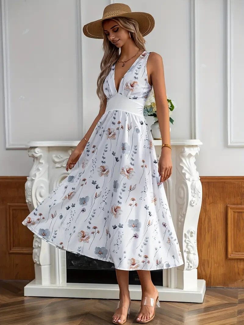 printed high waist midi dress New Vibrant Floral Plunge Dress, Sleeveless Design Casual Chic S All Size Small