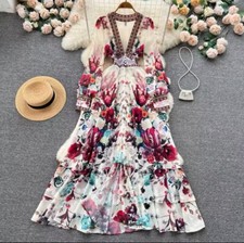 Sicilian V-Neck Floral Printed Maxi Dress, Bohemian Baroque Holiday Dress
