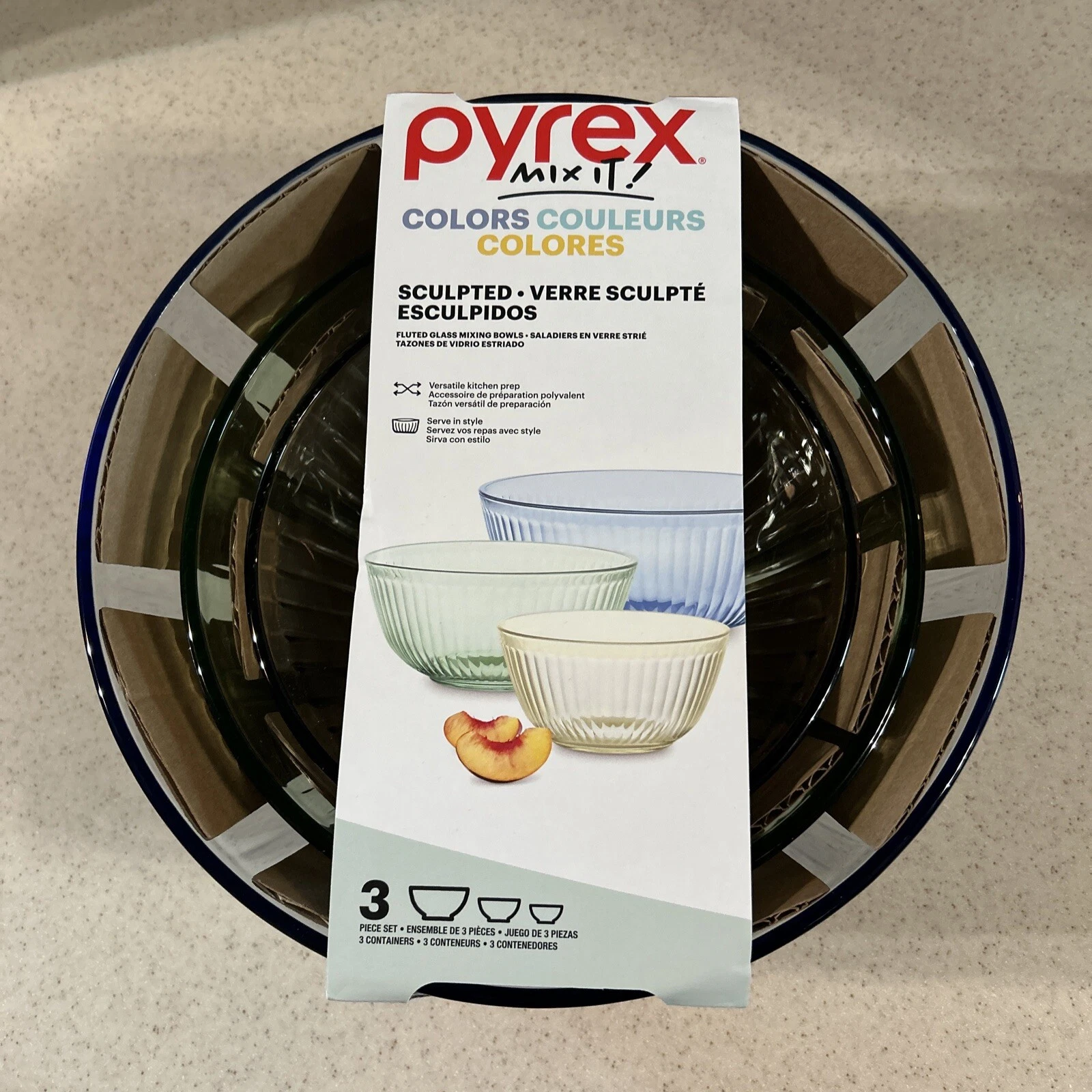 PYREX " MIX IT " COLORS SCULPTED 3 PC. MIXING BOWLS 4.5 QT./ 2.3 QT./ 1.3 QT.