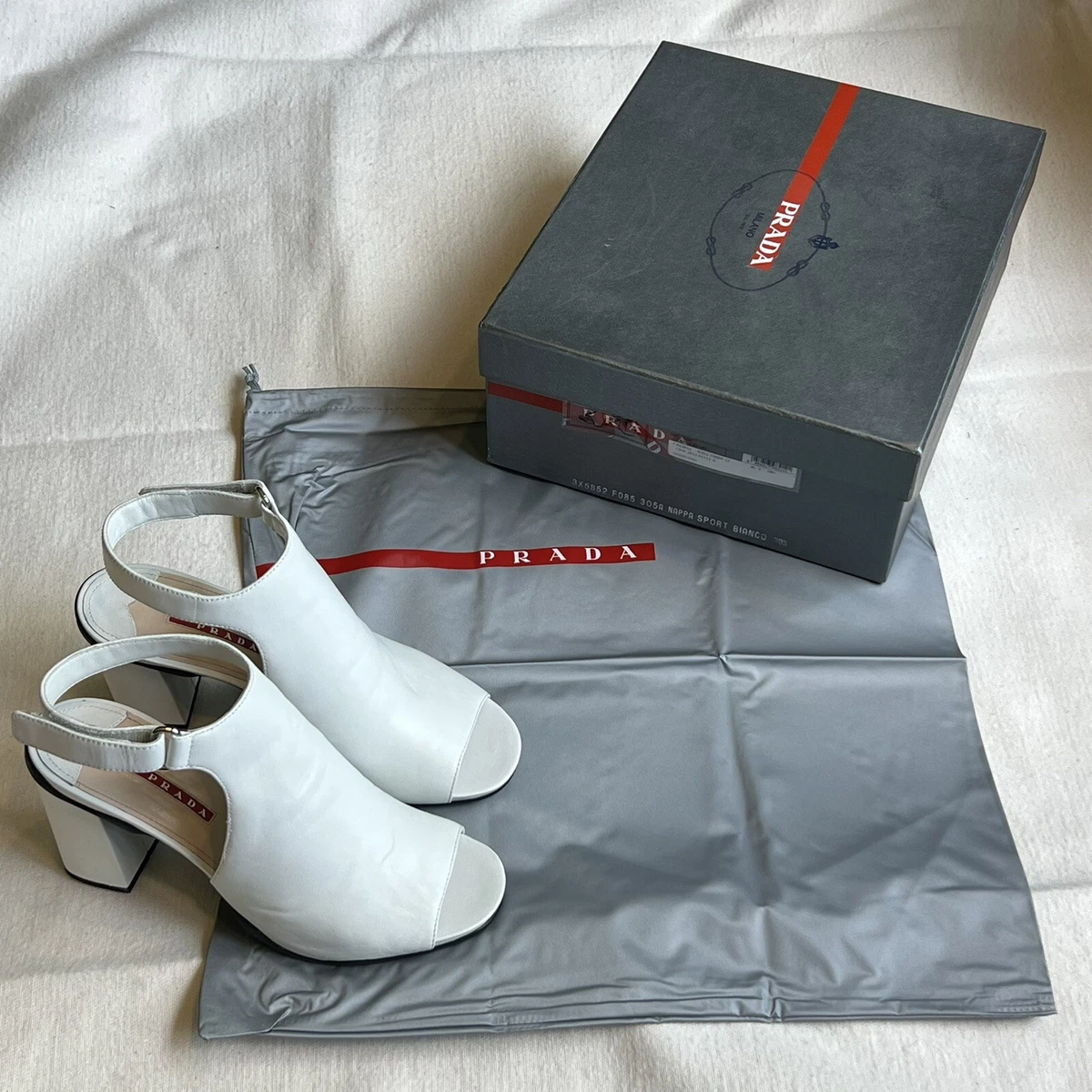 PRADA Sport Mule Sandals White Leather Block High Heel Shoes Size 39.5 US 9.5