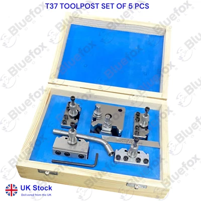 BLUE FOX TOOLS T37 QUICKCHANGE TOOLPOST 5 PIECE SET FITS LATHE SUPER 7 ML7 BLUE WOODEN BOX