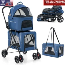 Foldable 3-in-1 Cat Stroller Double Dog W/ 2 Detachable Carriers Safety Belt New